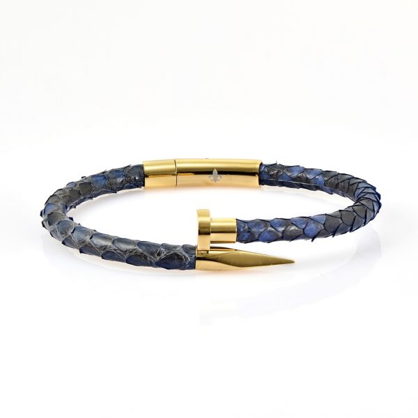 Blue Python Leather Gold Nail Bracelet with 18kt plated gold