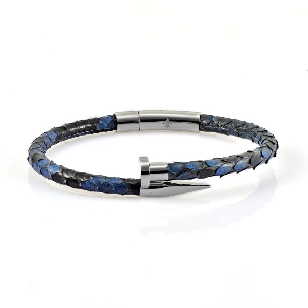 Blue Python Leather Silver Nail Bracelet With Silver Finishing