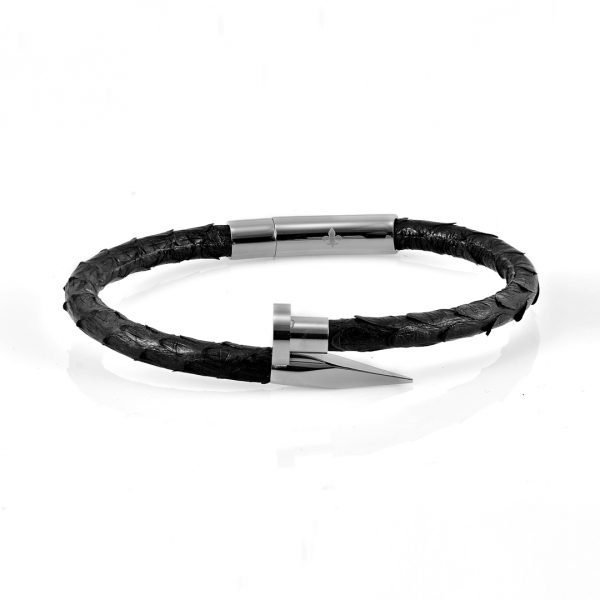 Black Python Leather Silver Nail Bracelet With Silver Finishing