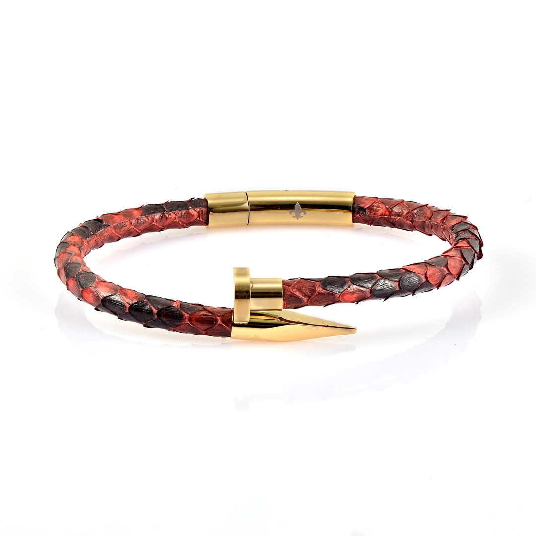 Red Python Leather Gold Nail Bracelet With 18kt Plated Gold