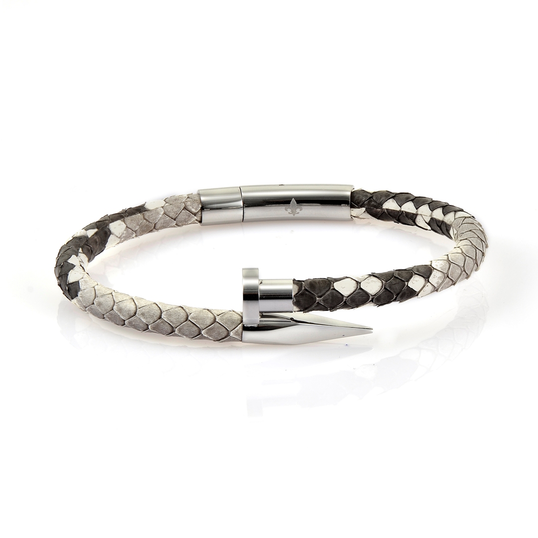 Natural Python Leather Silver Nail Bracelet With Silver Finishing