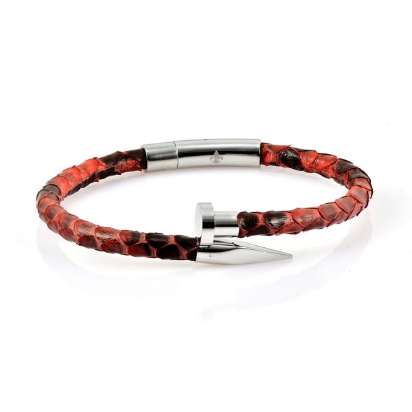 Red Python Leather Silver Nail Bracelet With Silver Finishing