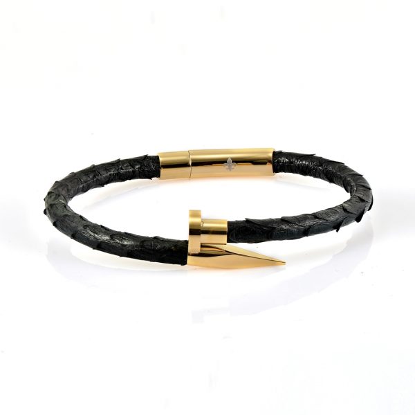 Black Python Leather Gold Nail Bracelet With 18kt Plated Gold